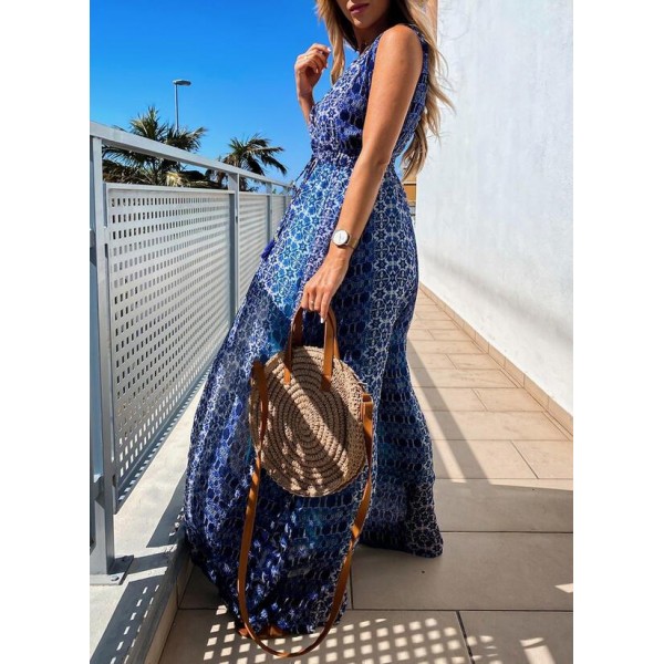 Elegant Print V-Neck Sleeveless Maxi Dress