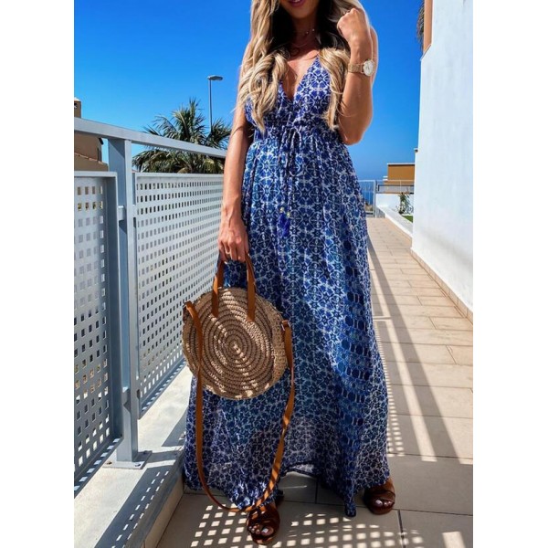 Elegant Print V-Neck Sleeveless Maxi Dress