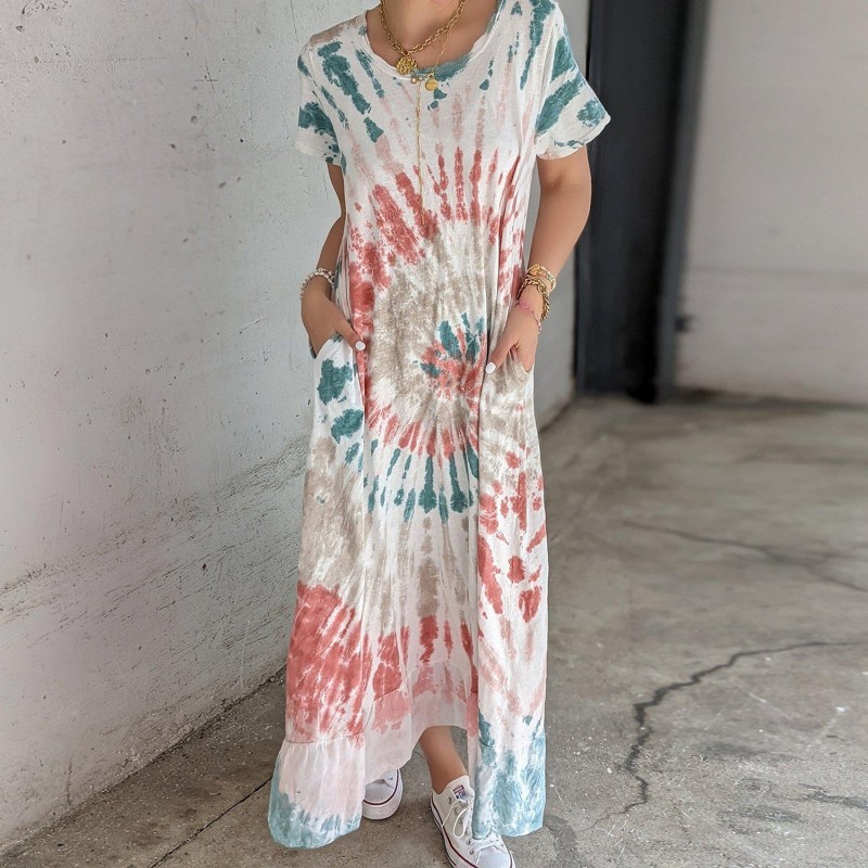 Temperament Tie Dye Print Short Sleeve Maxi Dress