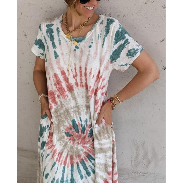 Temperament Tie Dye Print Short Sleeve Maxi Dress