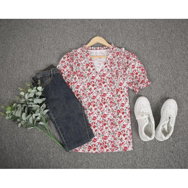 Romantic Floral Print Short Sleeve Top