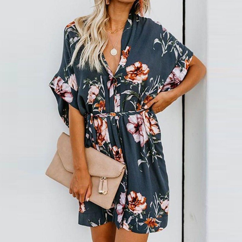 Romantic Print 3/4 Sleeve Mini Dress With Belt