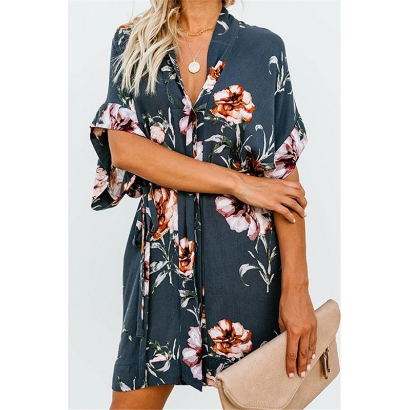 Romantic Print 3/4 Sleeve Mini Dress With Belt