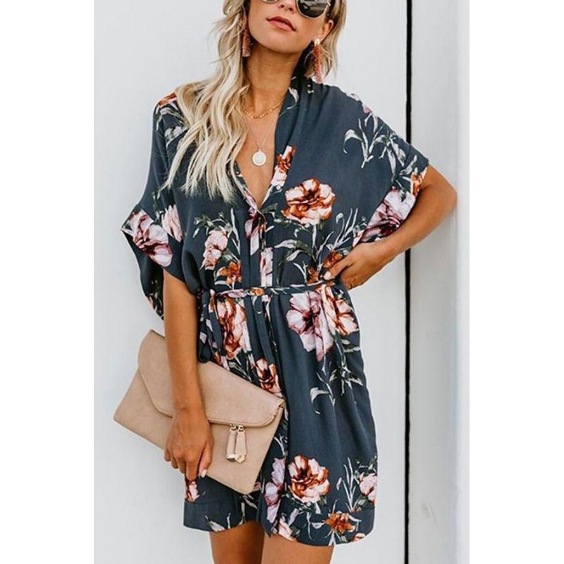 Romantic Print 3/4 Sleeve Mini Dress With Belt