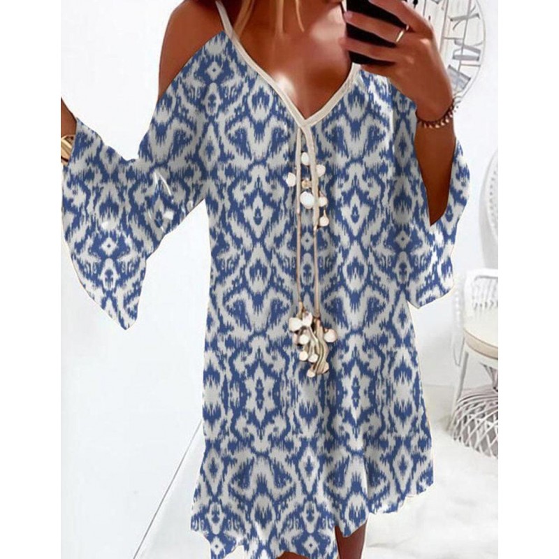 Groovy Blue Print 3/4 Sleeve Mini Dress