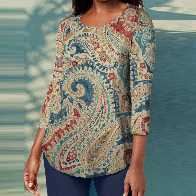 Retro Print Round Neck 3/4 Sleeve Top