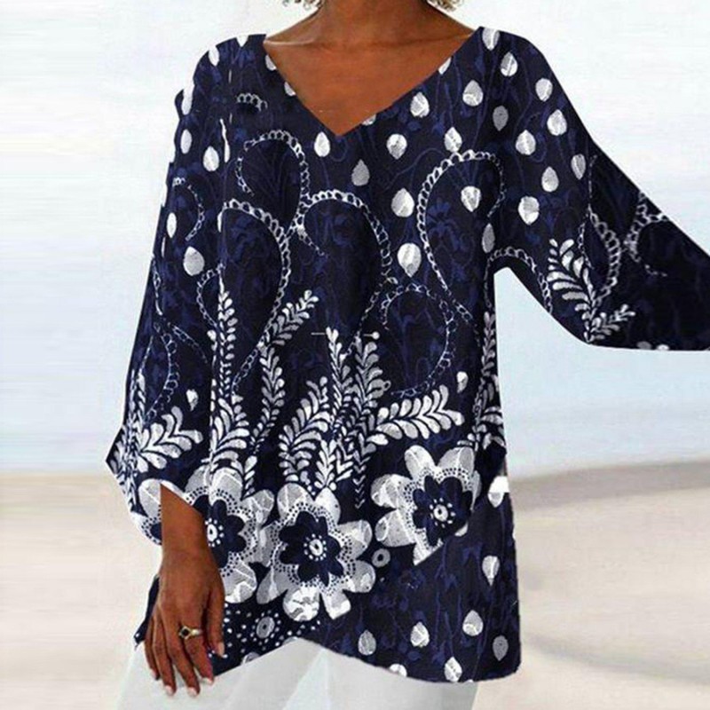 Navy Floral Print Peasant Blouse