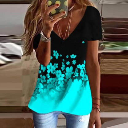 Chic V-Neck Short Sleeve Print Top