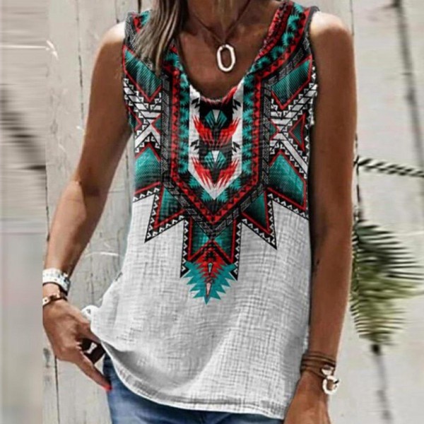 Retro Print V-Neck Sleeveless Top