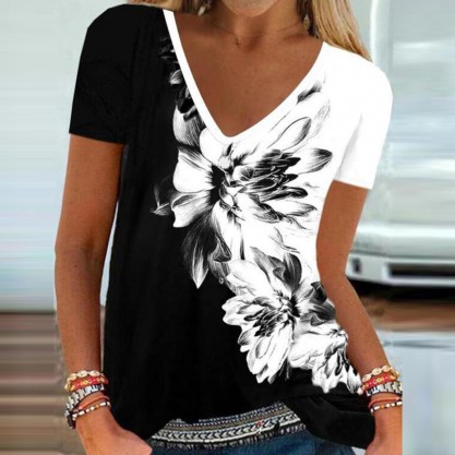 Chic V-Neck Short Sleeve Print Tee