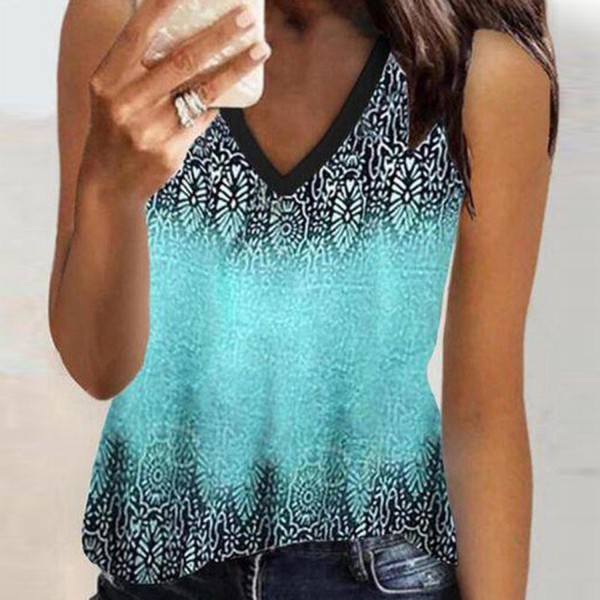 V-Neck Sleeveless Blue Print Top