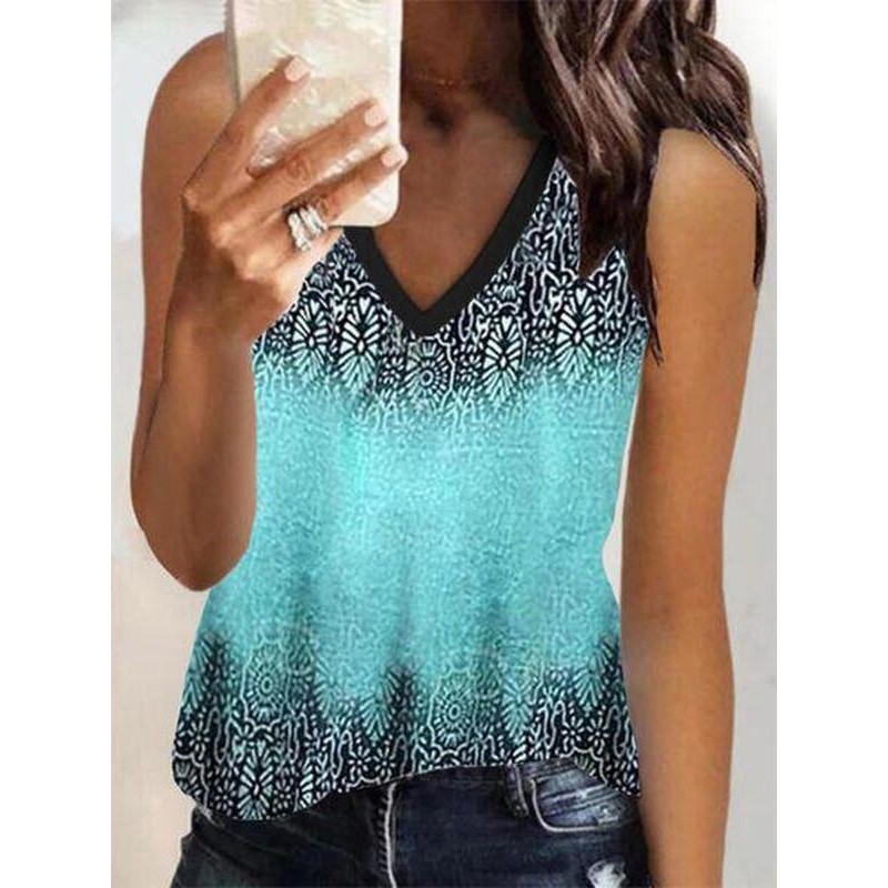 V-Neck Sleeveless Blue Print Top