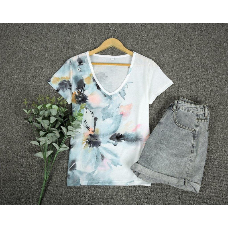 Casual V-Neck Short Sleeve Floral Top