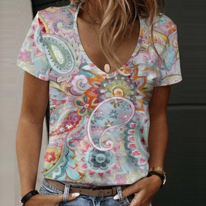 V-Neck Short Sleeve Retro Print Top