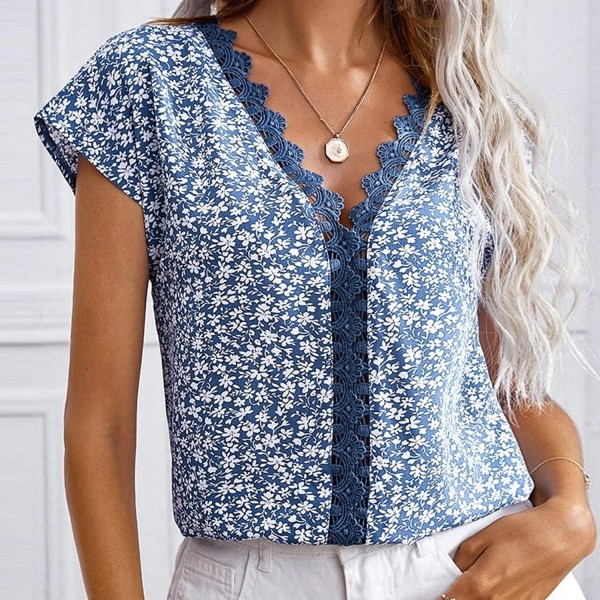 Chic Blue Floral Splicing Top