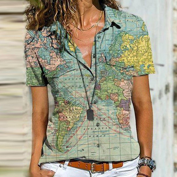 Chic Map Print Short Sleeve Shirt