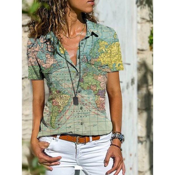 Chic Map Print Short Sleeve Shirt