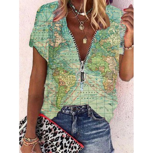 Fashionable Map Print Short Sleeve Top