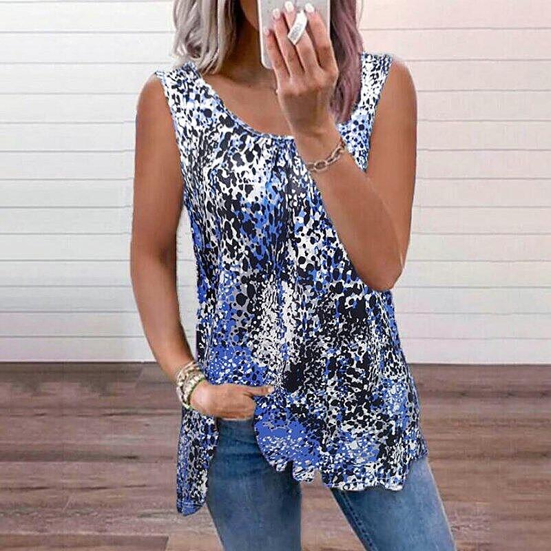 Basic Round Neck Sleeveless Print Top