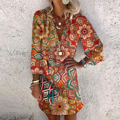 Groovy Print 3/4 Sleeve Mini Dress