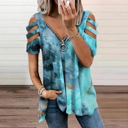 Chic Short Sleeve V-Neck Print Top