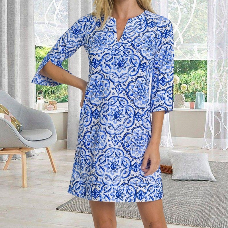 Elegant Blue Print Mini Dress