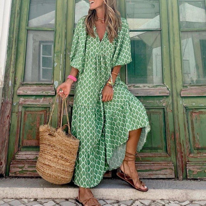 Fresh Print 3/4 Sleeve Maxi Dress