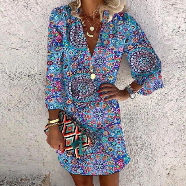 Retro Print 3/4 Sleeve Mini Dress