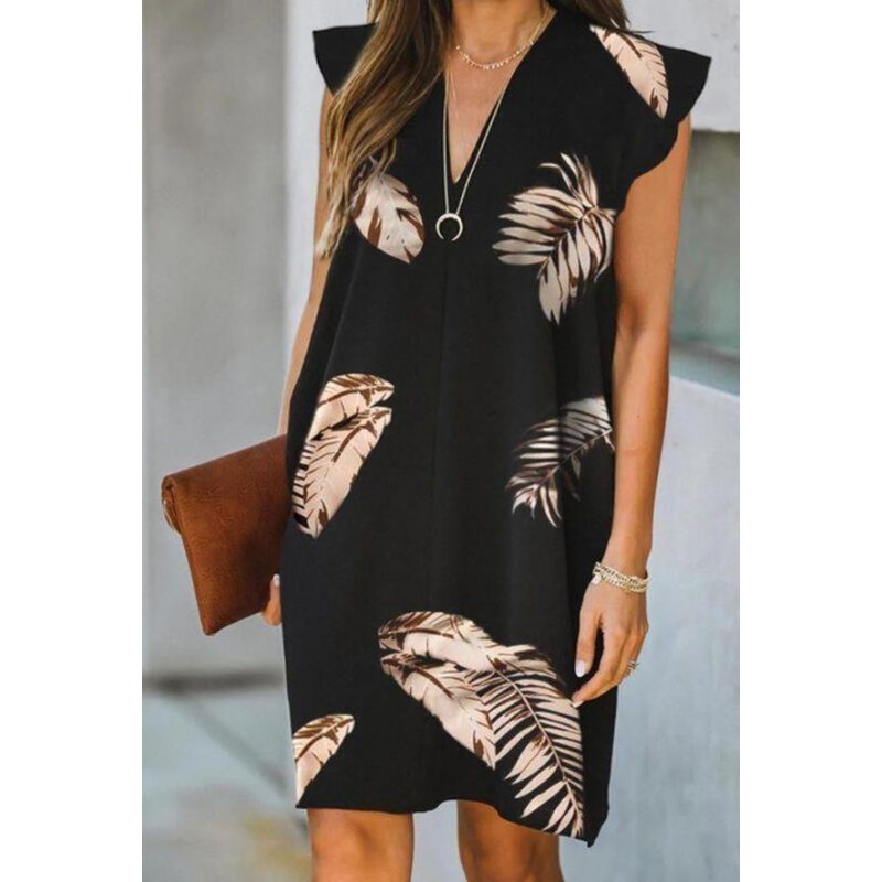 Chic Leaf Print Sleeveless Mini Dress