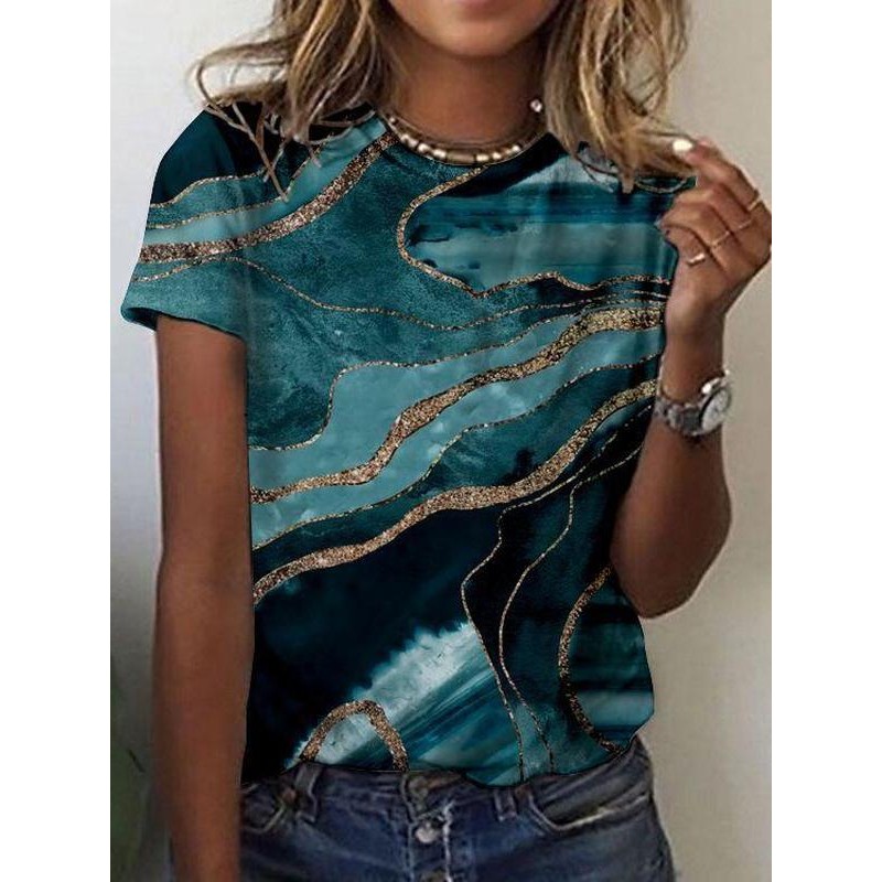 Stylish Round Neck Short Sleeve Print Top