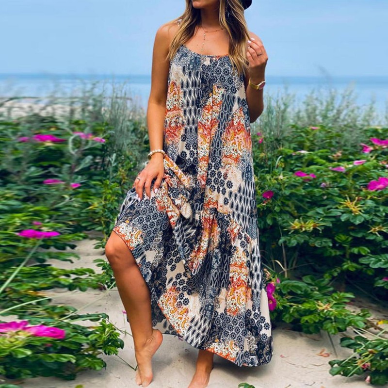 Boho Print Straps A-Line Maxi Dress