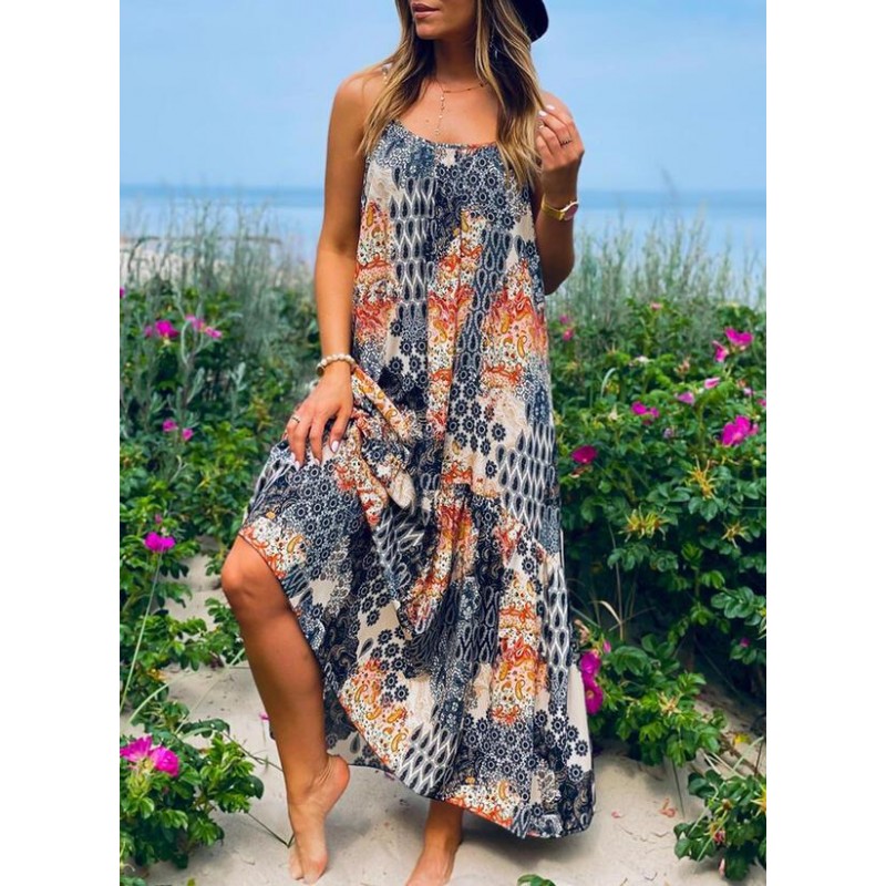 Boho Print Straps A-Line Maxi Dress