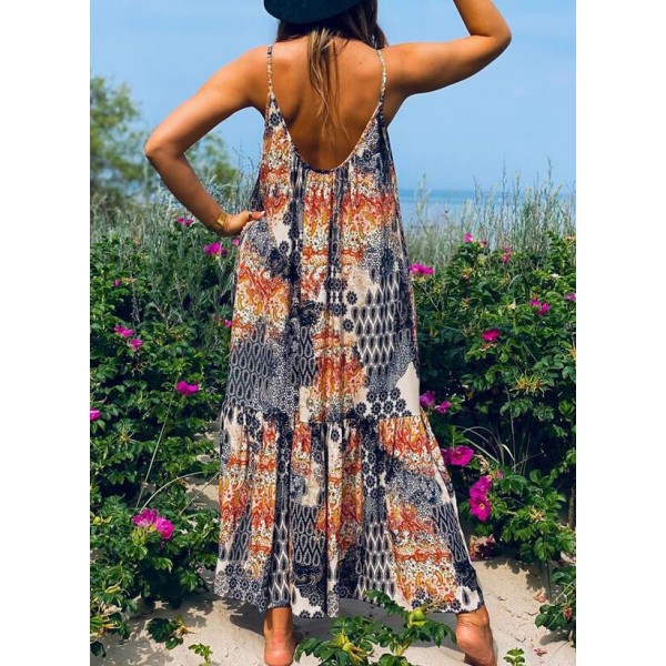 Boho Print Straps A-Line Maxi Dress