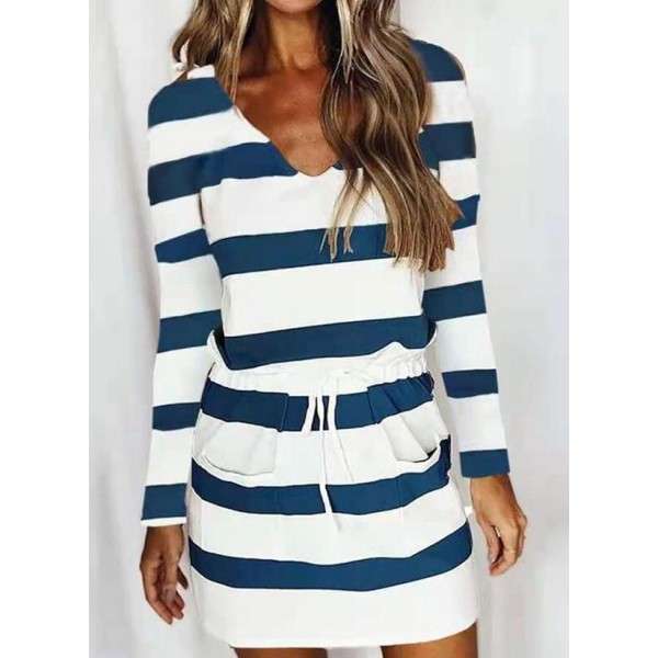 Striped Long Sleeve V-Neck Mini Dress