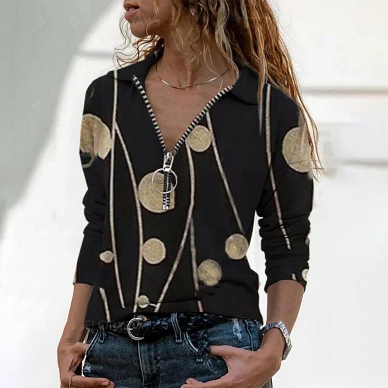 Stylish Long Sleeve Print Zipper Top