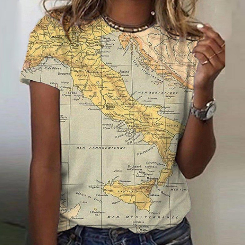 Chic Map Print Short Sleeve Top