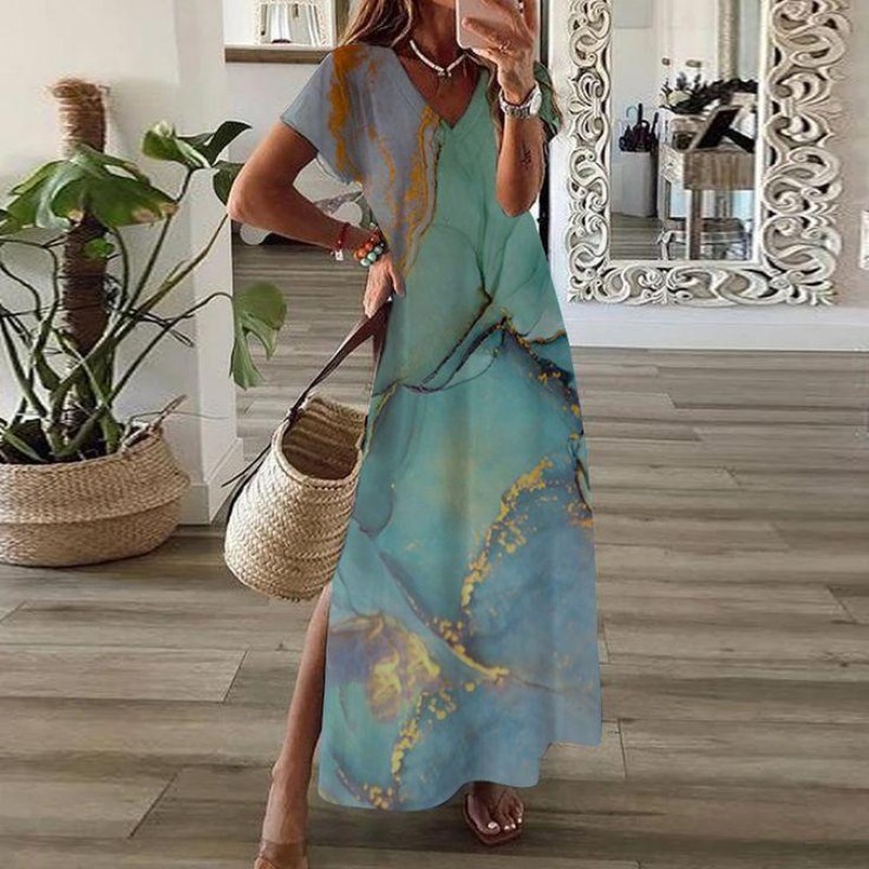 Casual Green Print Short Sleeve Maxi Dress