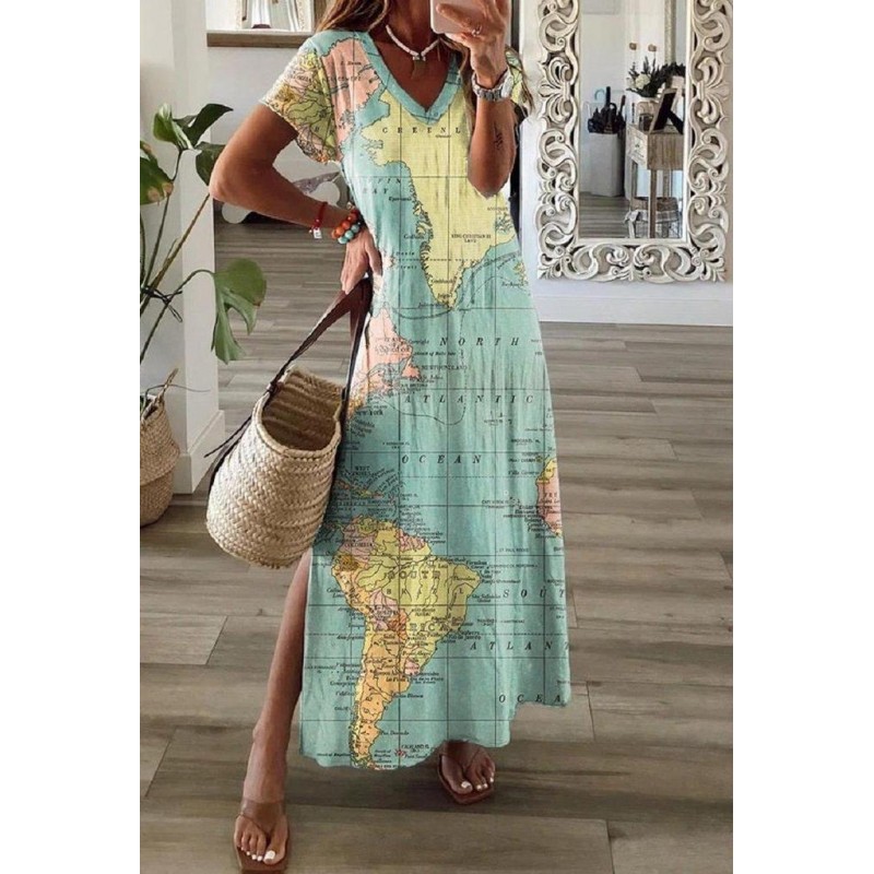 Green Print Short Sleeve Maxi Dress