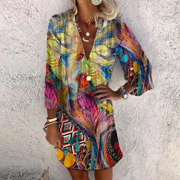 Groovy Print 3/4 Sleeve Mini Dress