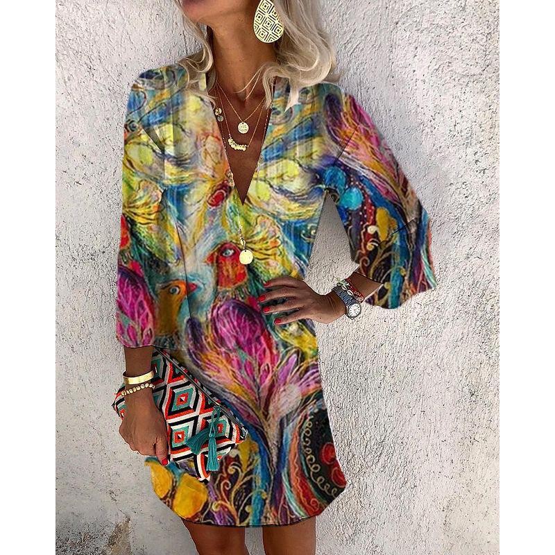 Groovy Print 3/4 Sleeve Mini Dress