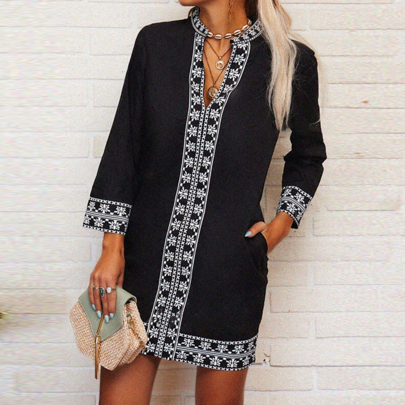 Boho Long Sleeve Print Mini Dress