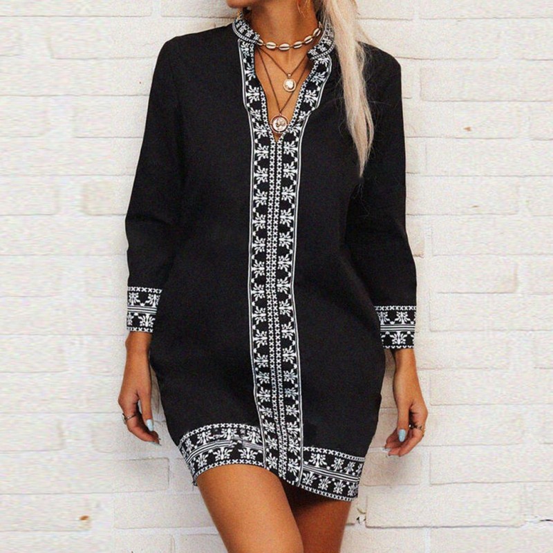 Boho Long Sleeve Print Mini Dress