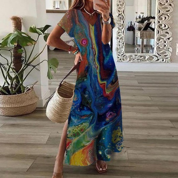 Modern Print Short Sleeve Maxi Dress