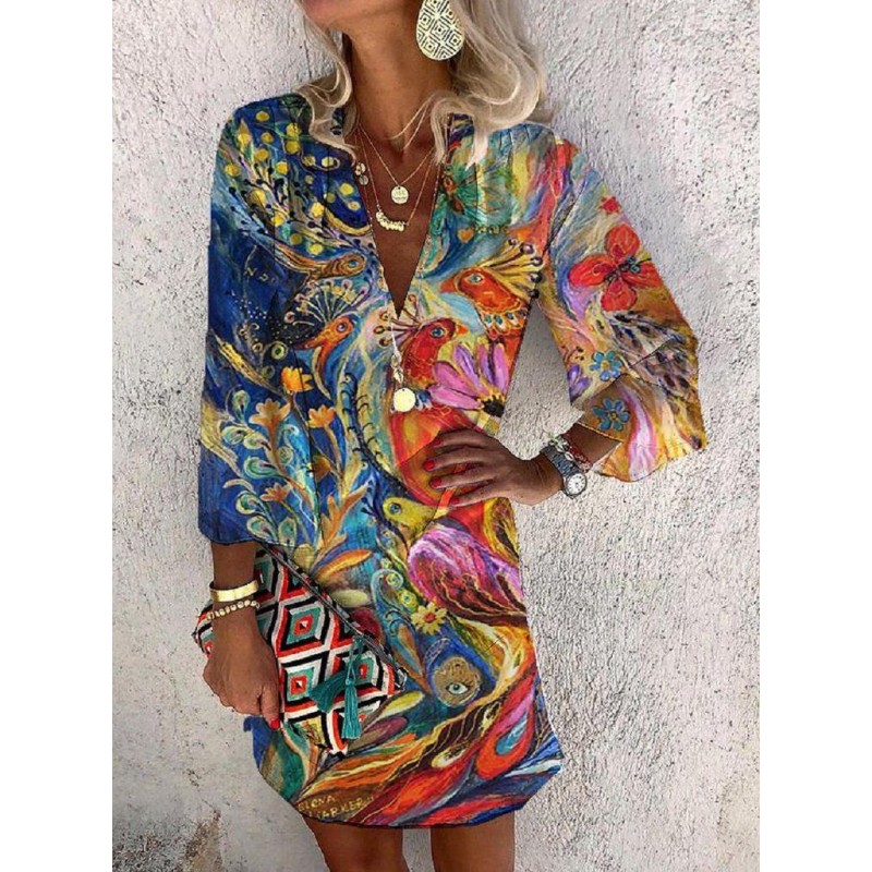 Attractive Print 3/4 Sleeve Mini Dress