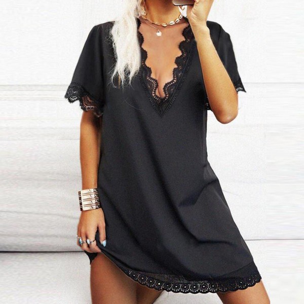 Sexy Black V-Neck Short Sleeve Mini Dress