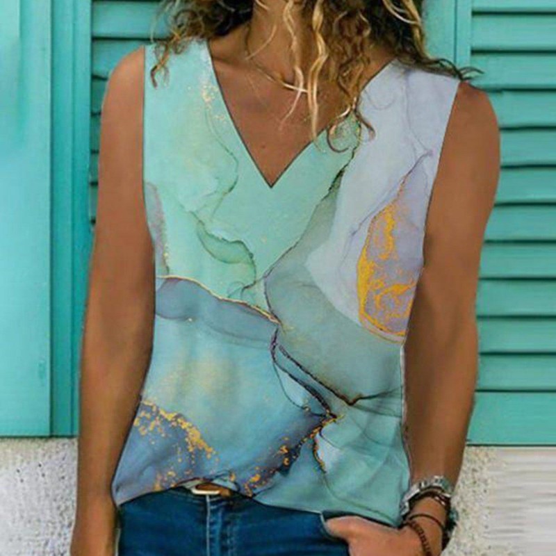 Casual Print Sleeveless V-Neck Top