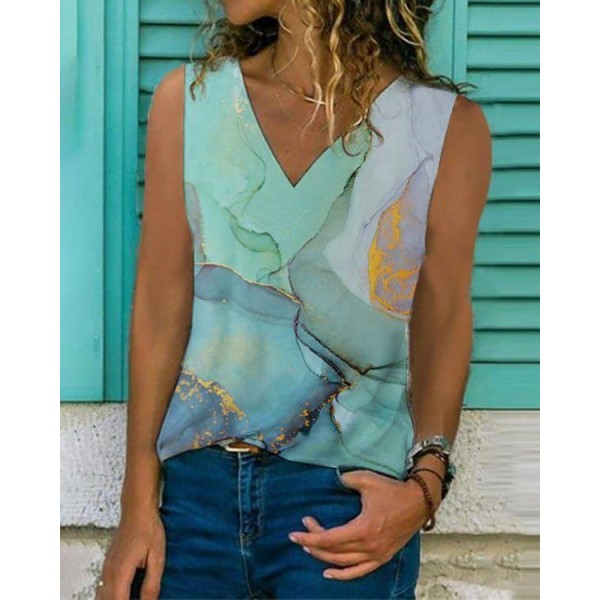 Casual Print Sleeveless V-Neck Top