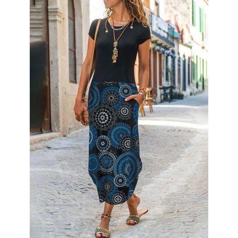 Chic Round Neck Print Maxi Dress