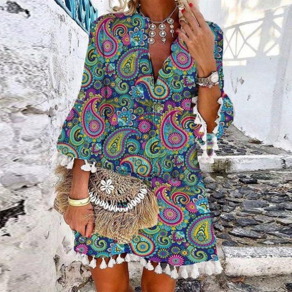 Stylish Print 3/4 Sleeve Mini Dress