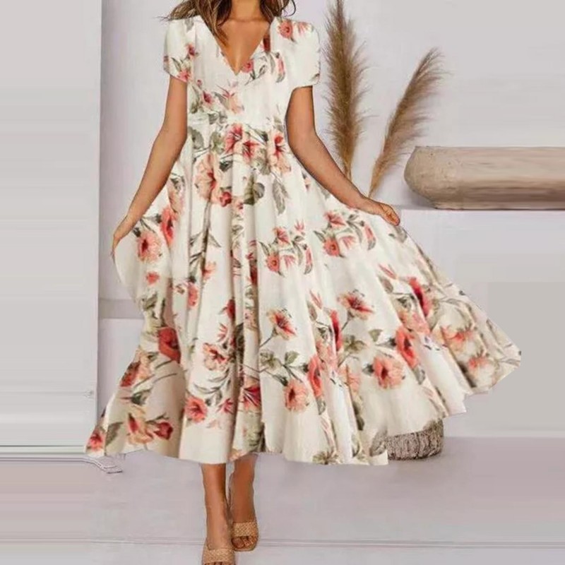 Glamorous V-Neck Printed Short Sleeve Midi Dress